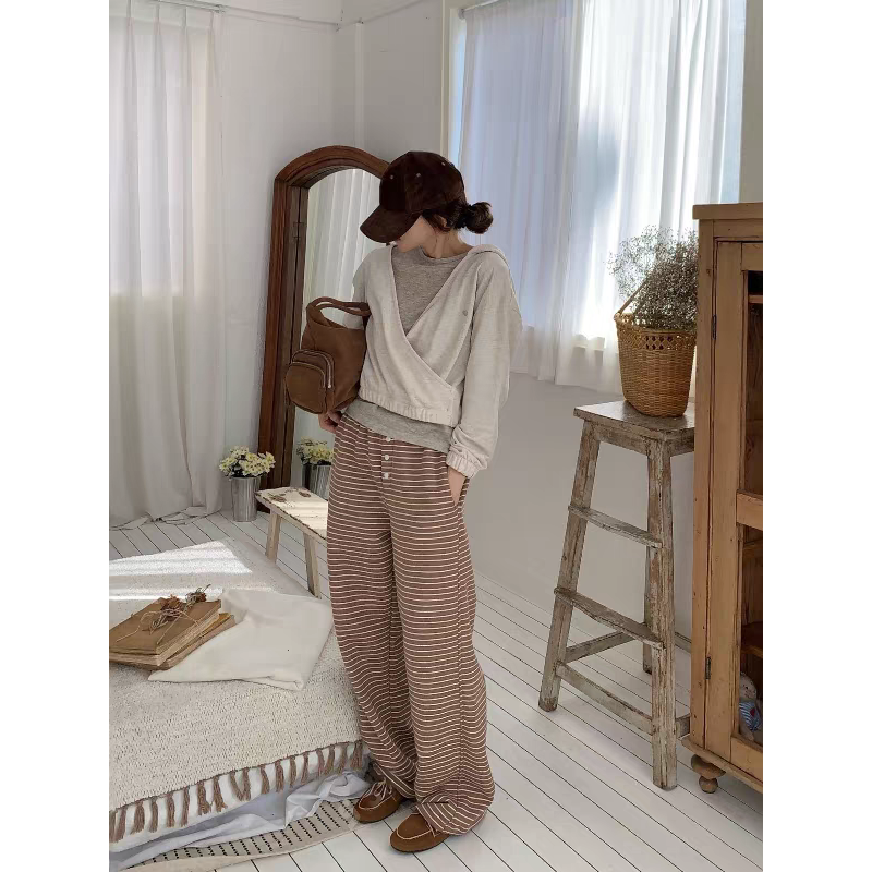 正韓條紋抽繩棉質休閒褲-細節圖5