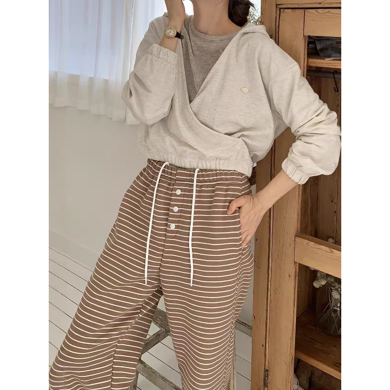 正韓條紋抽繩棉質休閒褲-細節圖6