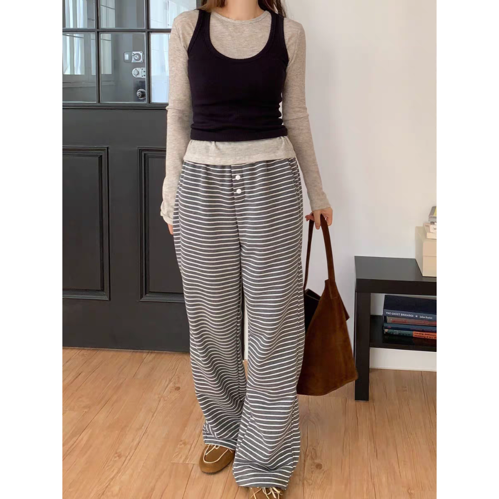 正韓條紋抽繩棉質休閒褲-規格圖8