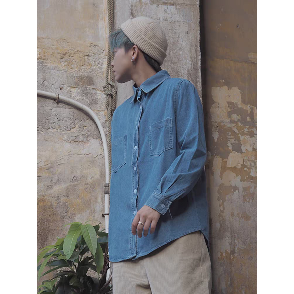 中長款復古港風牛仔長袖襯衫-細節圖2