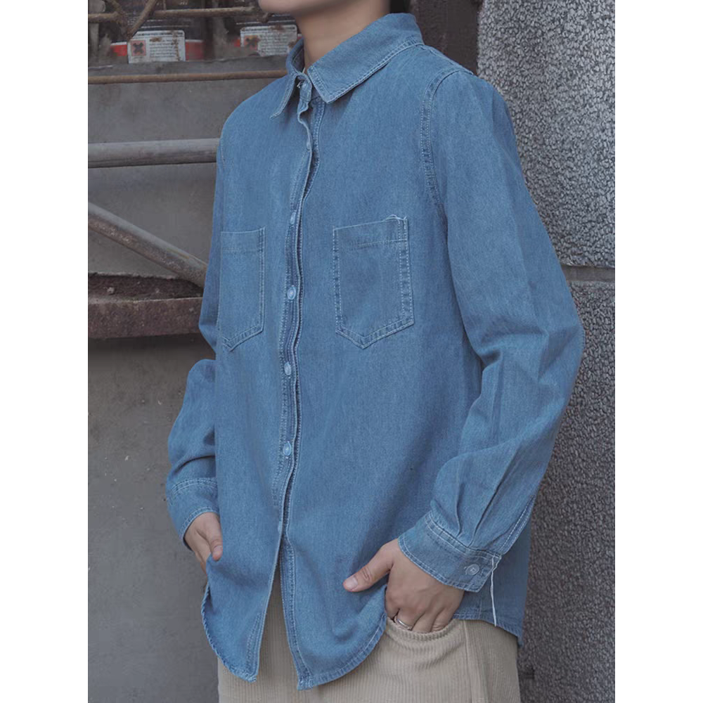 中長款復古港風牛仔長袖襯衫-細節圖3