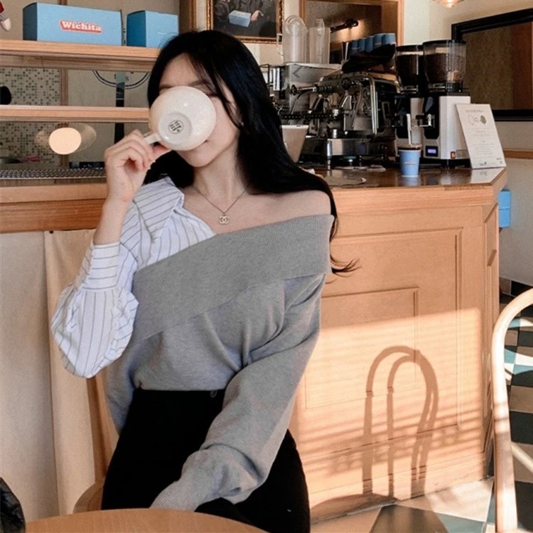 韓版不規則拼接假兩件V領上衣-細節圖2