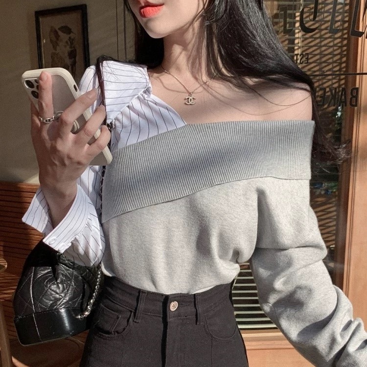 韓版不規則拼接假兩件V領上衣-細節圖3