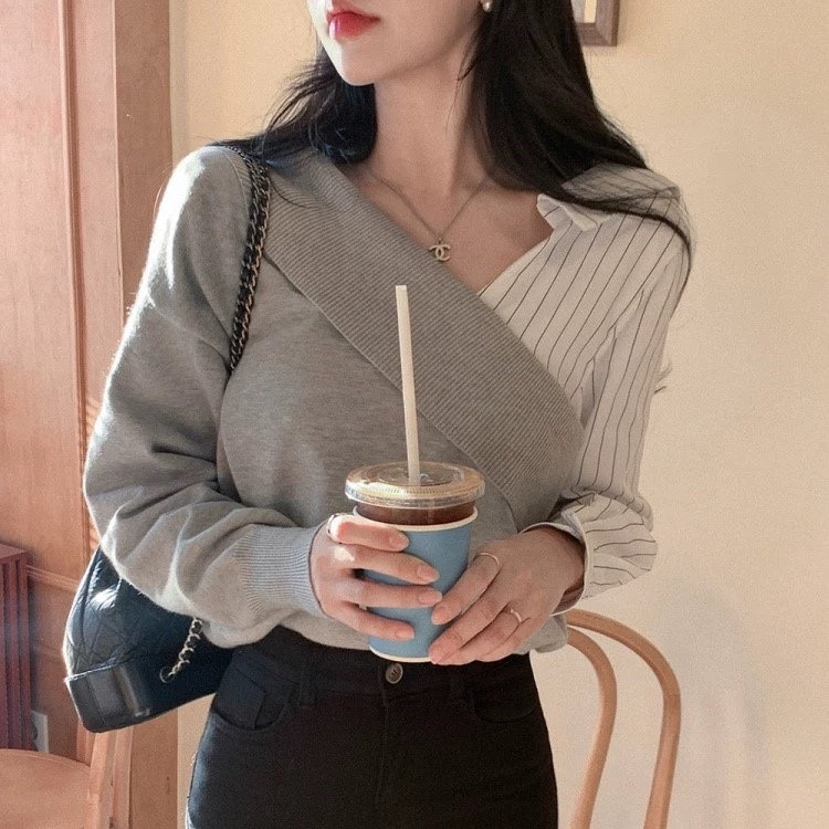 韓版不規則拼接假兩件V領上衣-細節圖4