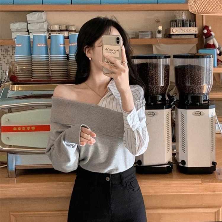 韓版不規則拼接假兩件V領上衣-細節圖5