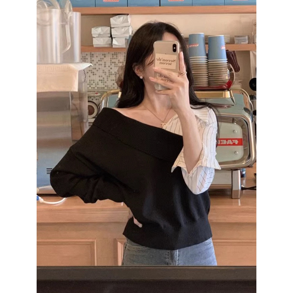 韓版不規則拼接假兩件V領上衣-細節圖6