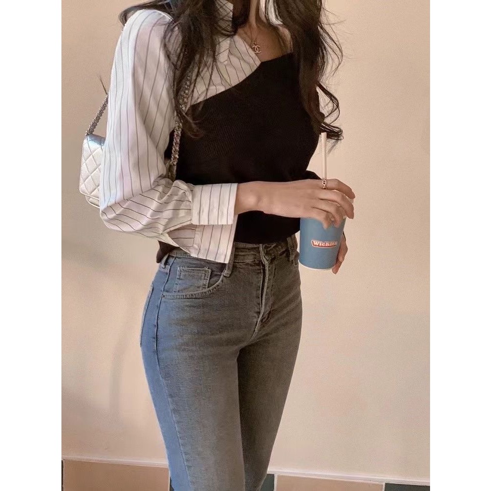 韓版不規則拼接假兩件V領上衣-細節圖8