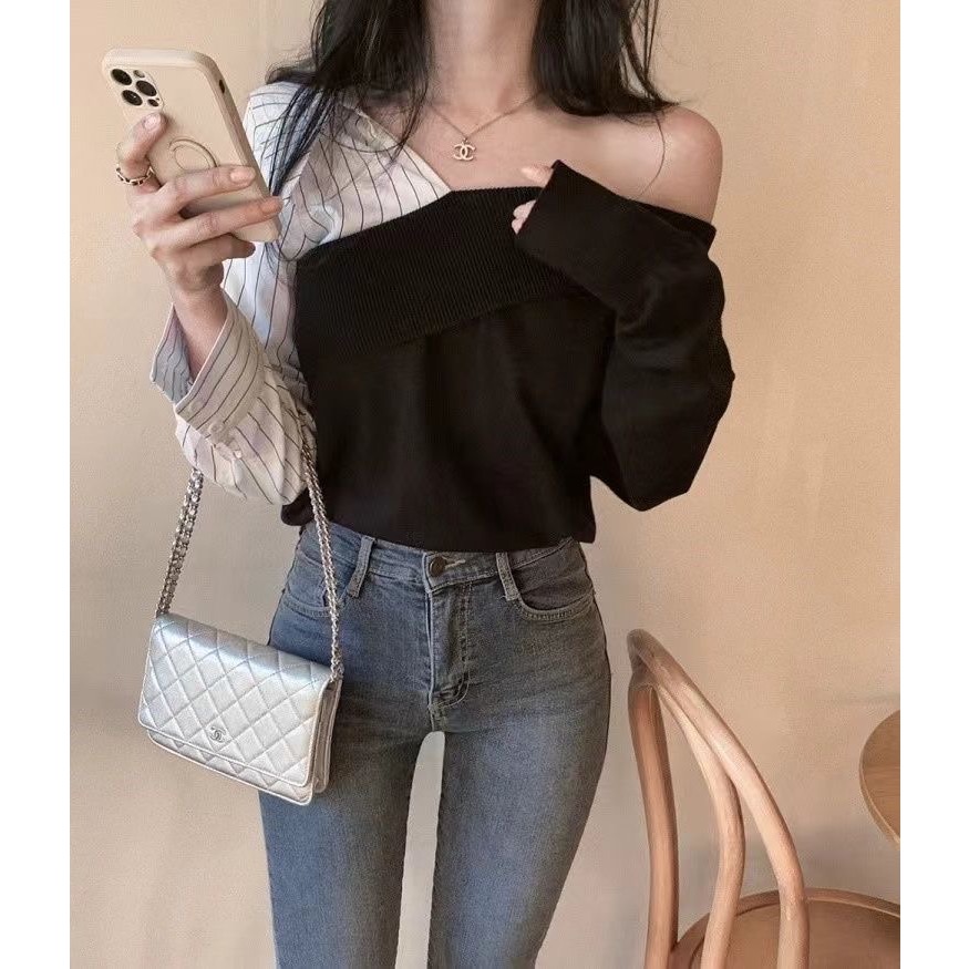 韓版不規則拼接假兩件V領上衣-規格圖10