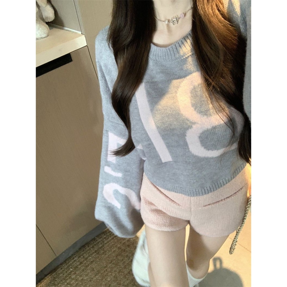 韓版寬鬆字母設計感短版針織上衣-細節圖4