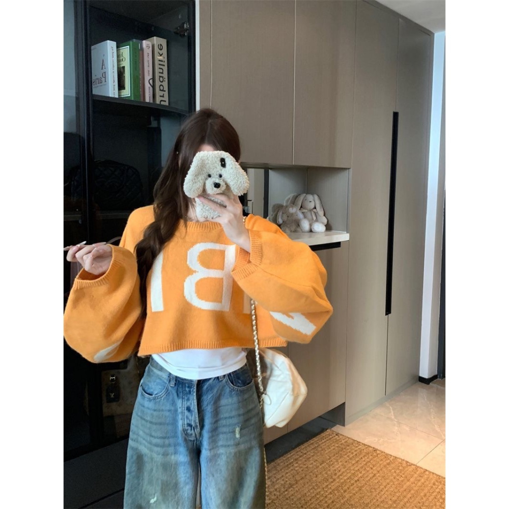 韓版寬鬆字母設計感短版針織上衣-細節圖5