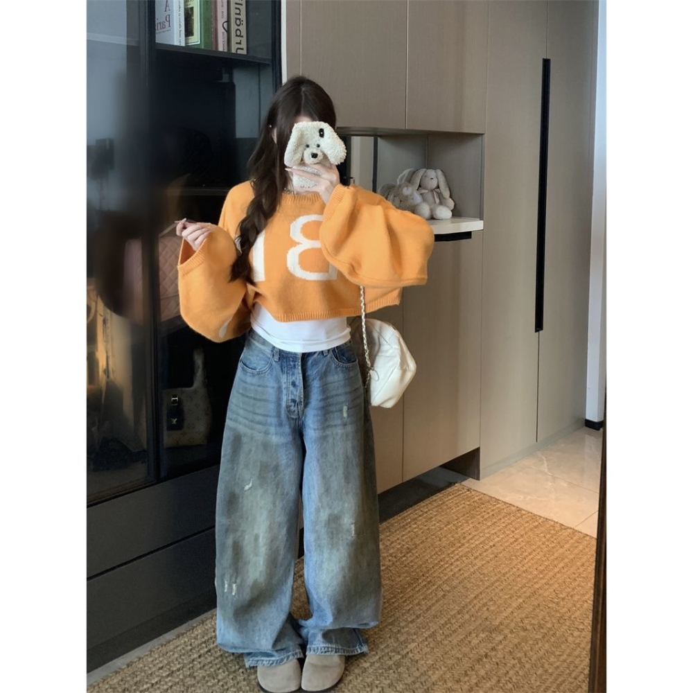 韓版寬鬆字母設計感短版針織上衣-細節圖6