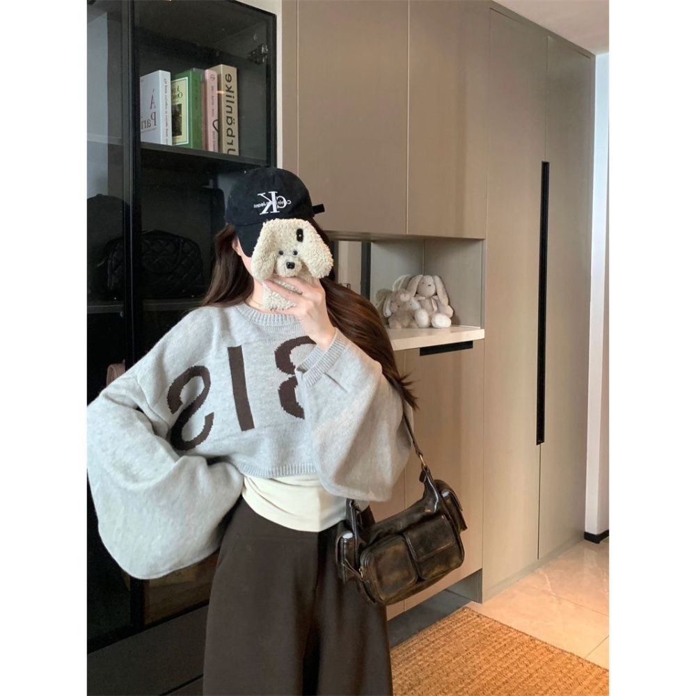 韓版寬鬆字母設計感短版針織上衣-細節圖8