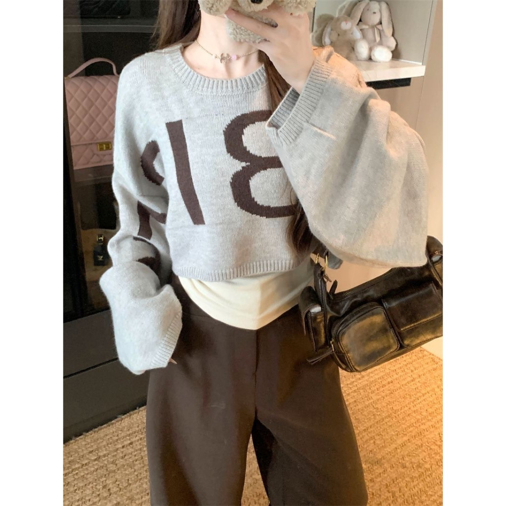 韓版寬鬆字母設計感短版針織上衣-細節圖9