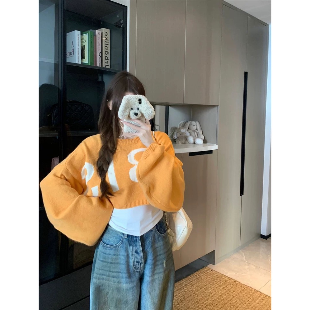 韓版寬鬆字母設計感短版針織上衣-規格圖9