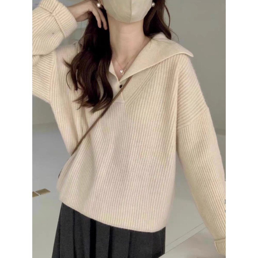 秋冬寬鬆溫柔海軍領坑條針織毛衣-細節圖2