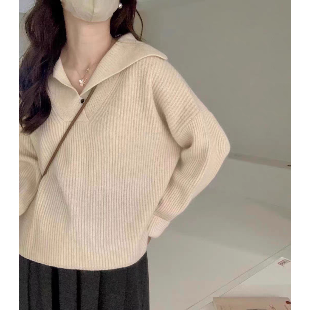 秋冬寬鬆溫柔海軍領坑條針織毛衣-細節圖3