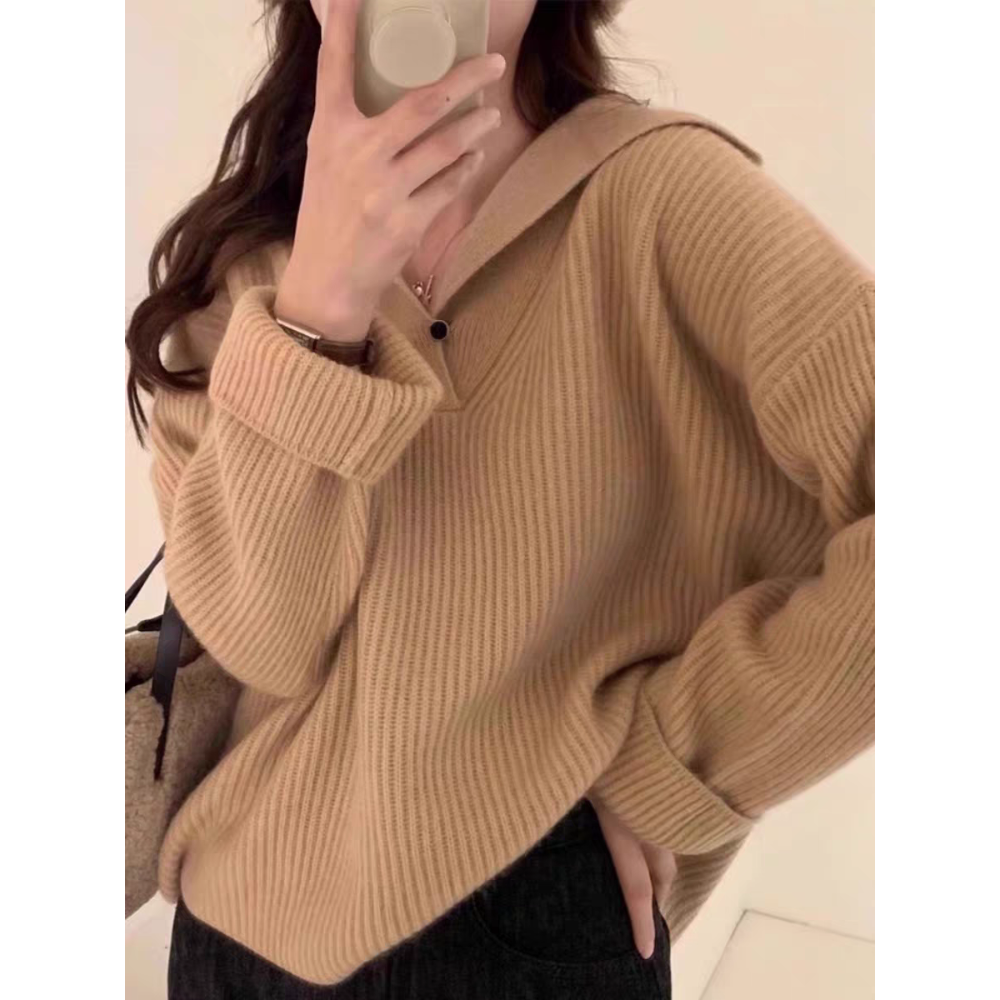 秋冬寬鬆溫柔海軍領坑條針織毛衣-細節圖4