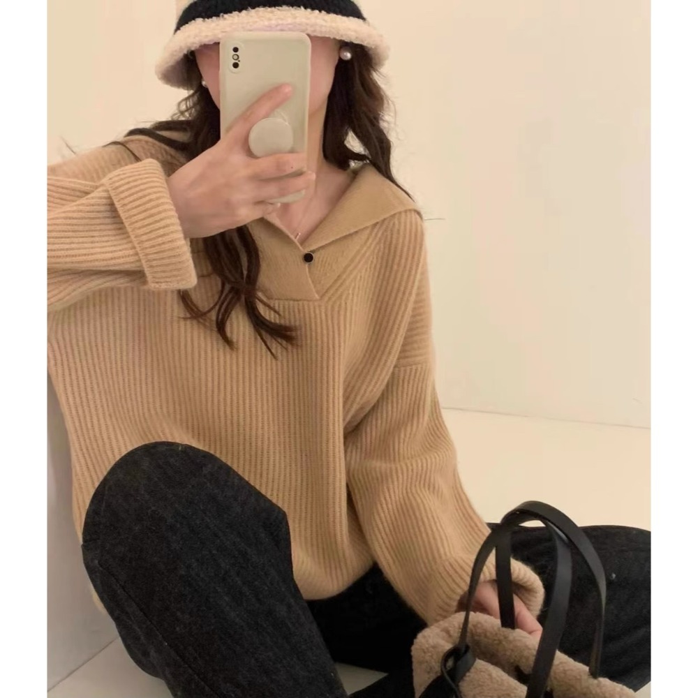 秋冬寬鬆溫柔海軍領坑條針織毛衣-細節圖5