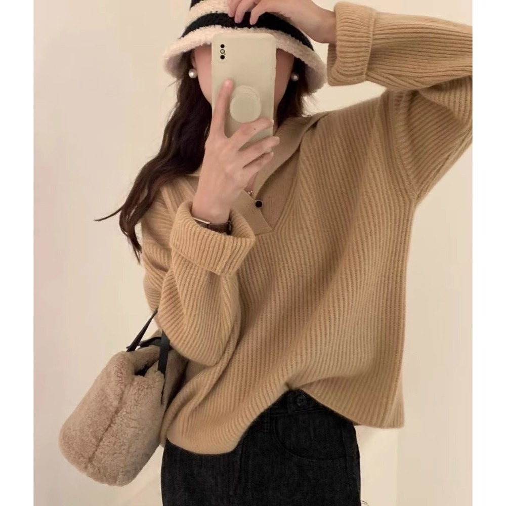 秋冬寬鬆溫柔海軍領坑條針織毛衣-細節圖6