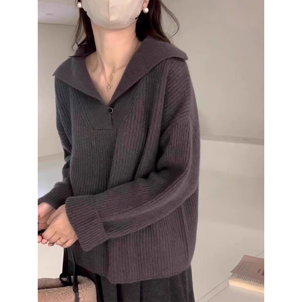 秋冬寬鬆溫柔海軍領坑條針織毛衣-細節圖8