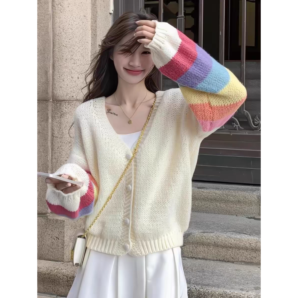 彩虹條紋袖針織V領外套-細節圖2