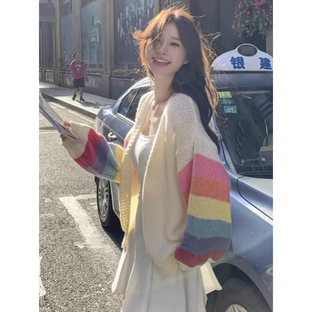 彩虹條紋袖針織V領外套-細節圖3