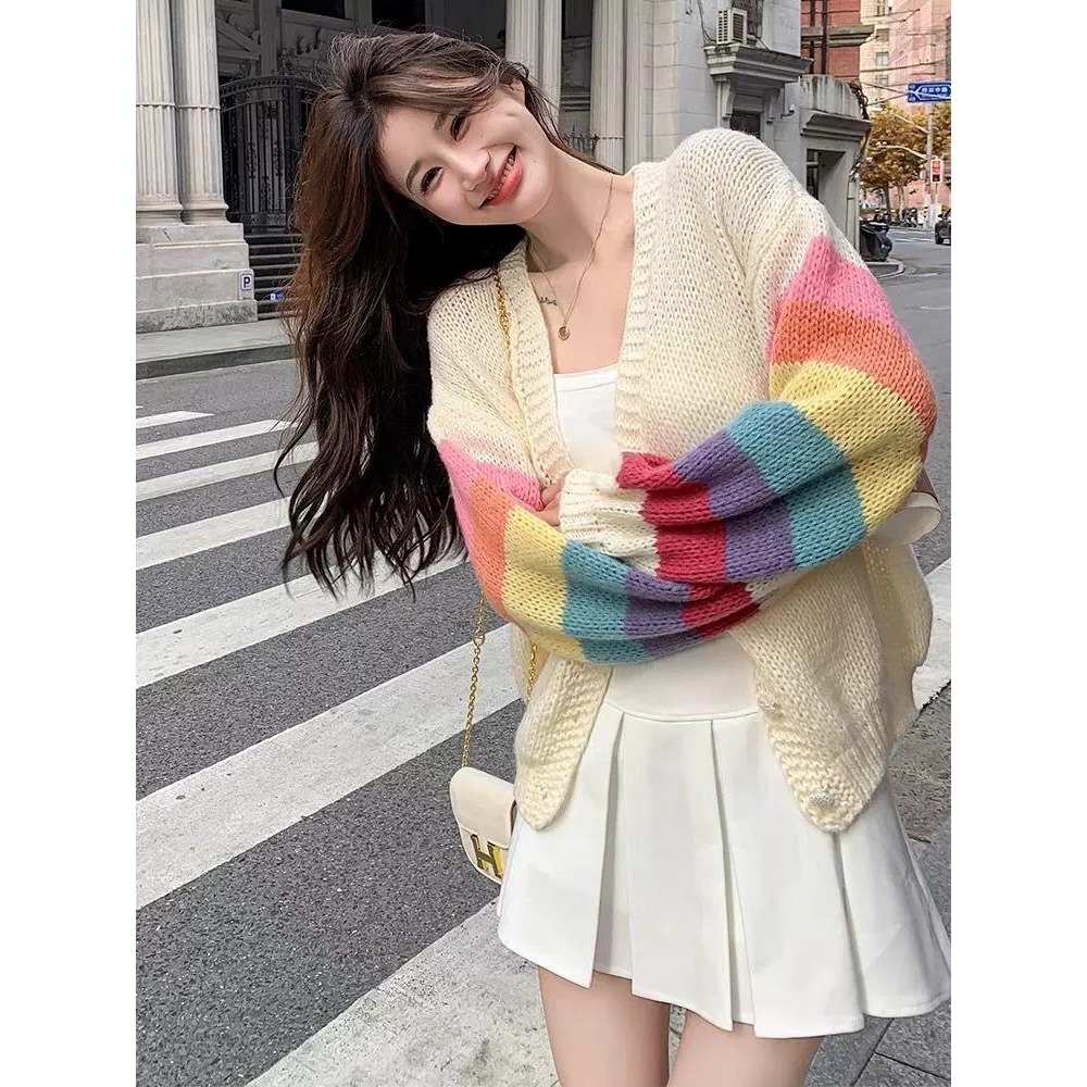 彩虹條紋袖針織V領外套-細節圖4