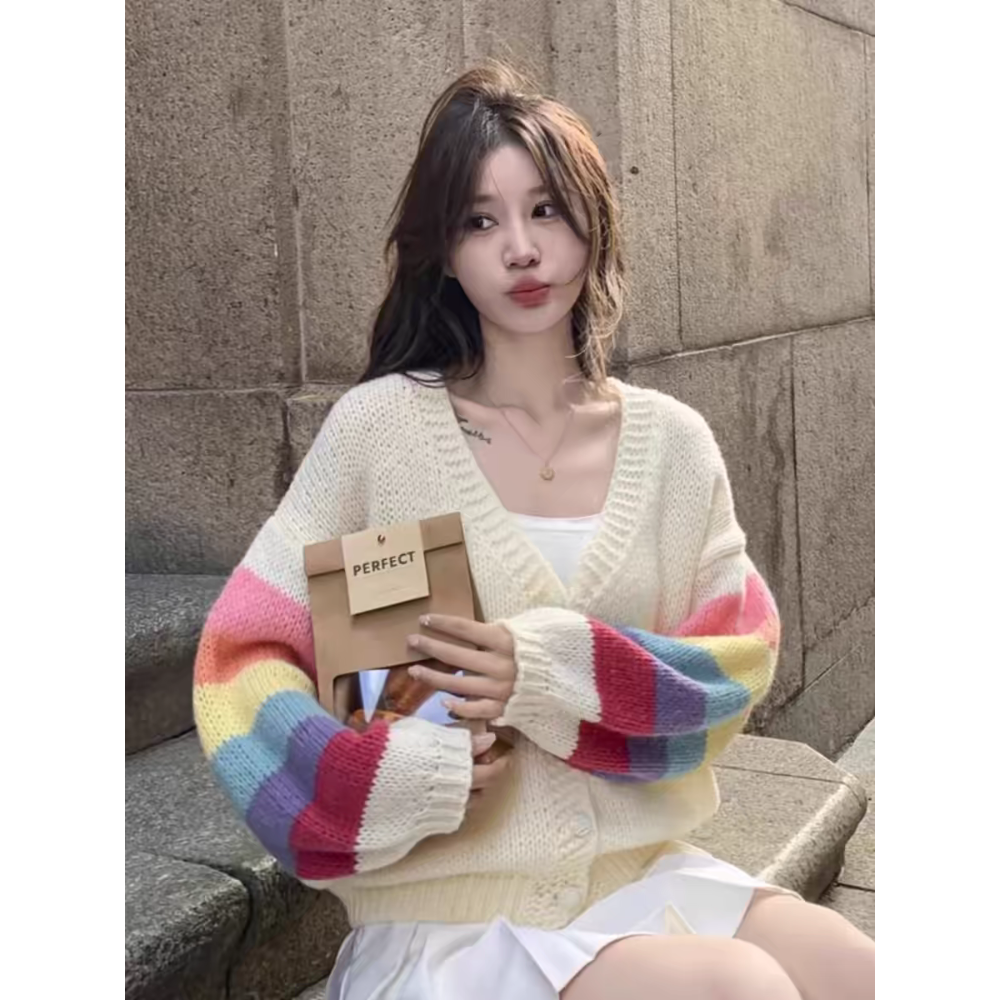 彩虹條紋袖針織V領外套-細節圖5