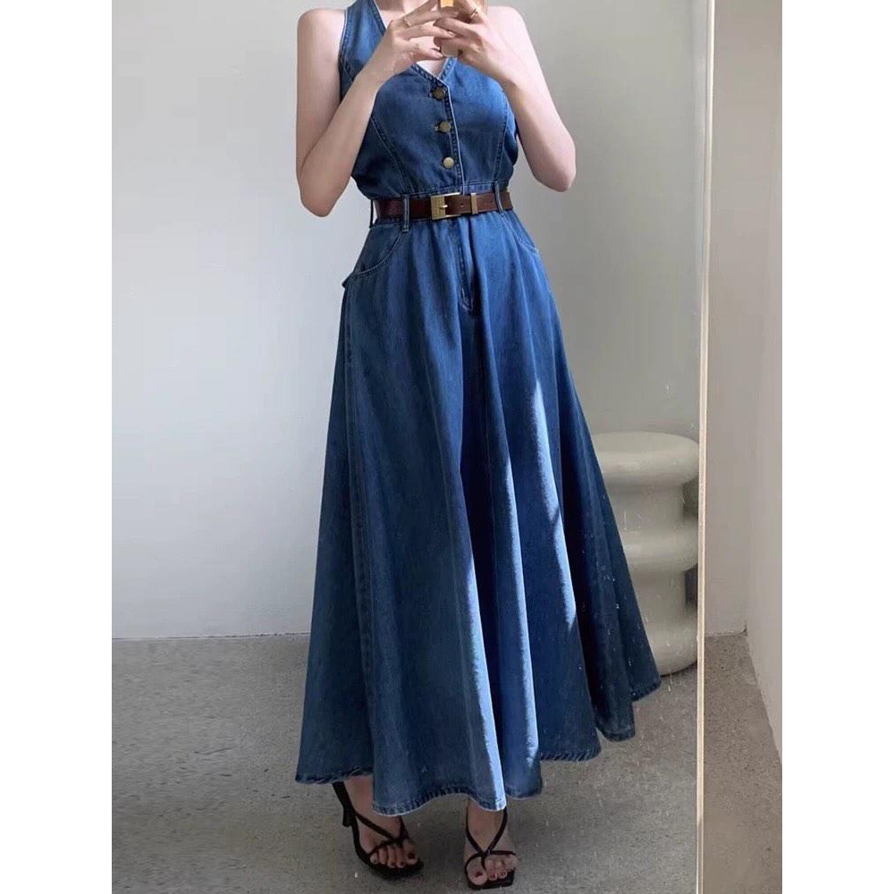 V領排扣高腰牛仔連身裙-細節圖2