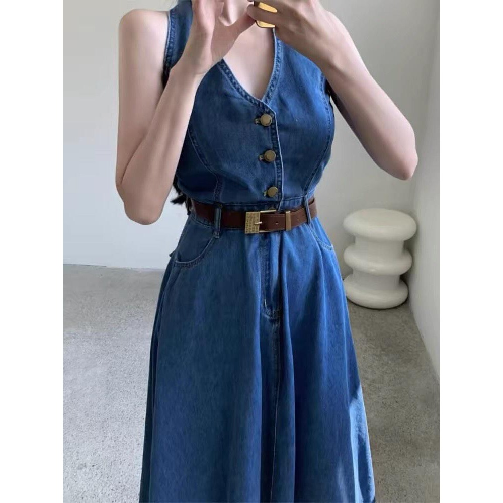 V領排扣高腰牛仔連身裙-細節圖3