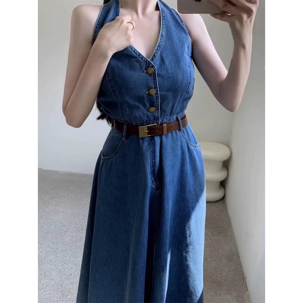 V領排扣高腰牛仔連身裙-細節圖4