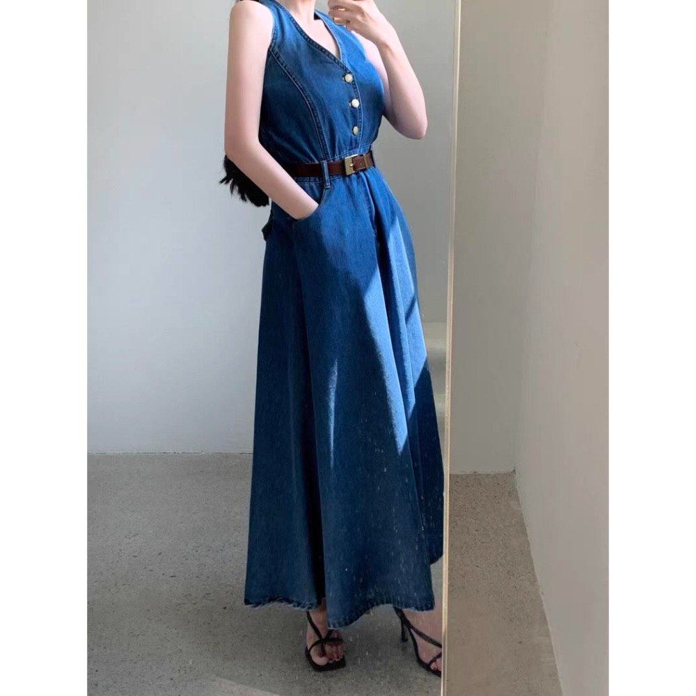 V領排扣高腰牛仔連身裙-細節圖5