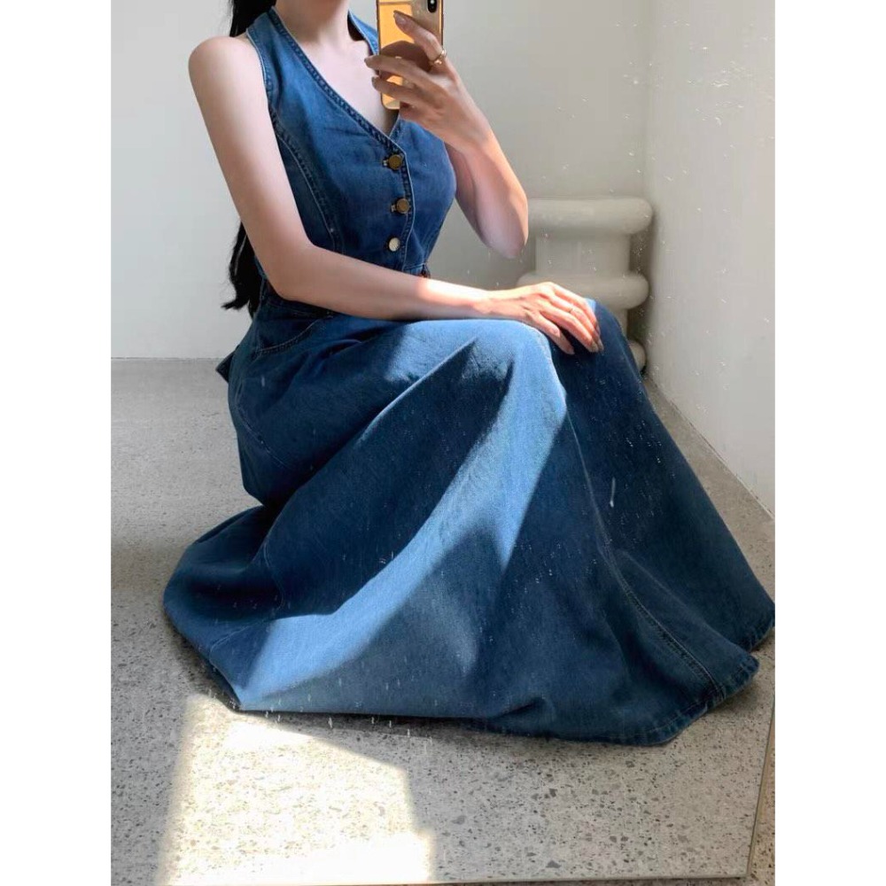 V領排扣高腰牛仔連身裙-細節圖6