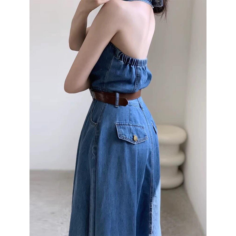 V領排扣高腰牛仔連身裙-細節圖7