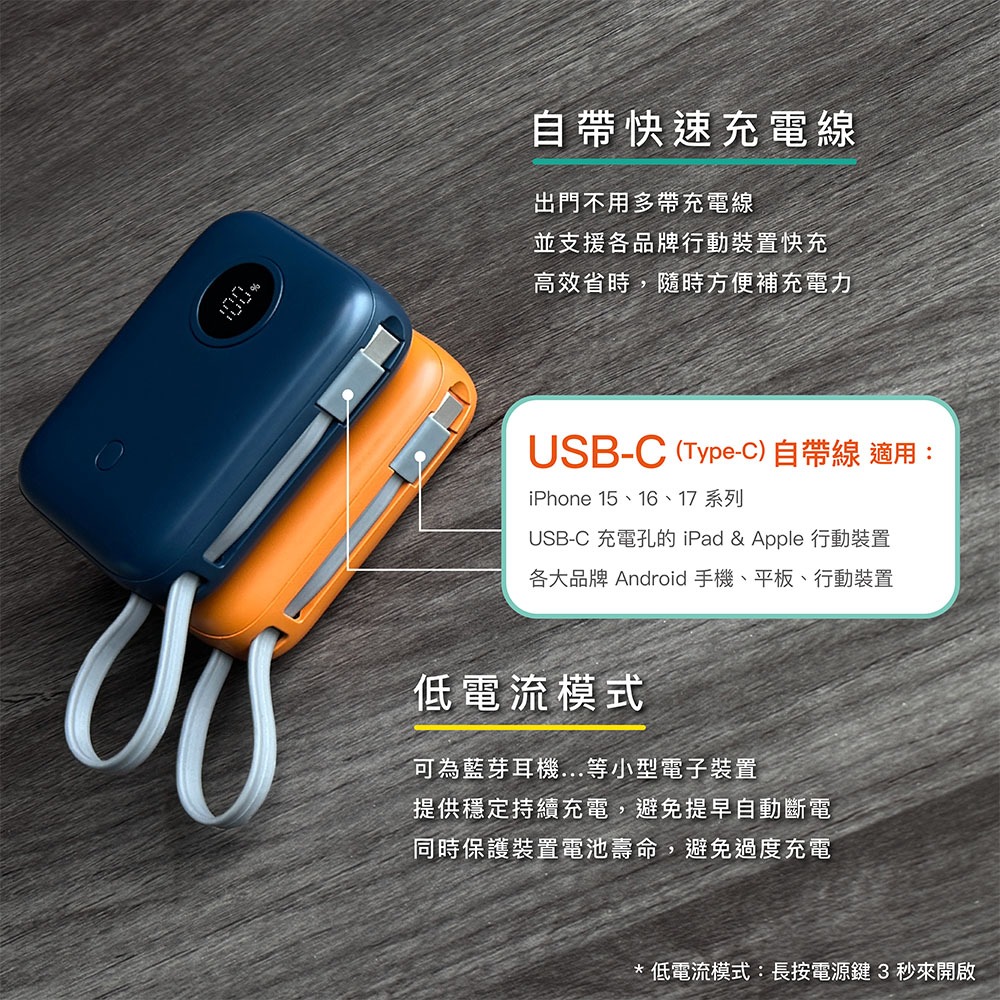 ENABLE 台灣製造 15月保固 ZOOM X3 10000mAh 35W PD/QC自帶線雙向快充行動電源-細節圖5