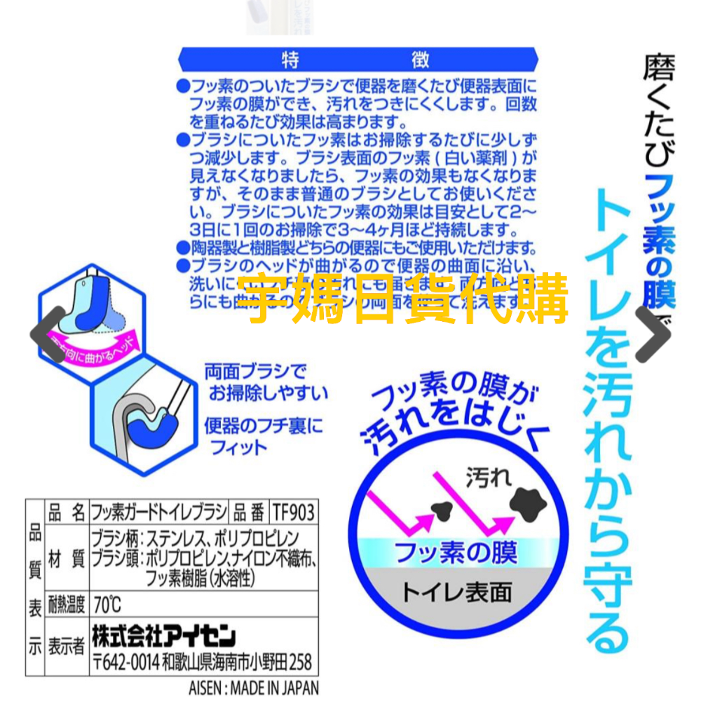 日本製aisen新機能去污馬桶刷附收納盒 小款&大款（無收納）-細節圖6