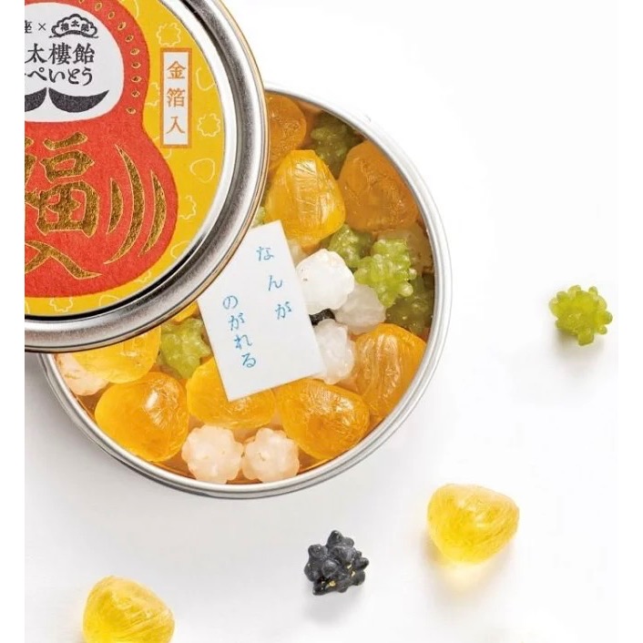 日本製 榮太樓 招福 金平糖 鐵罐裝 金箔入-細節圖2