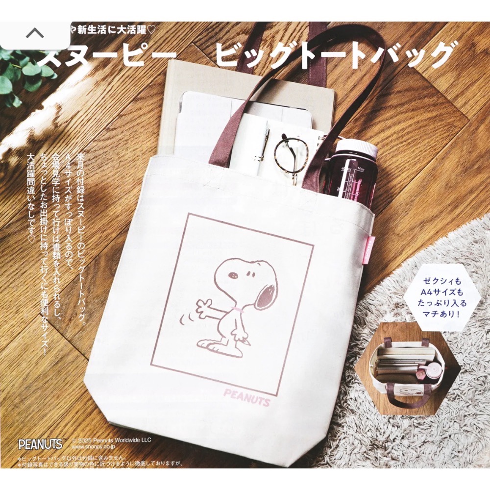 日本 日雜史努比 側背包 A4大小 環保袋 購物袋-規格圖2