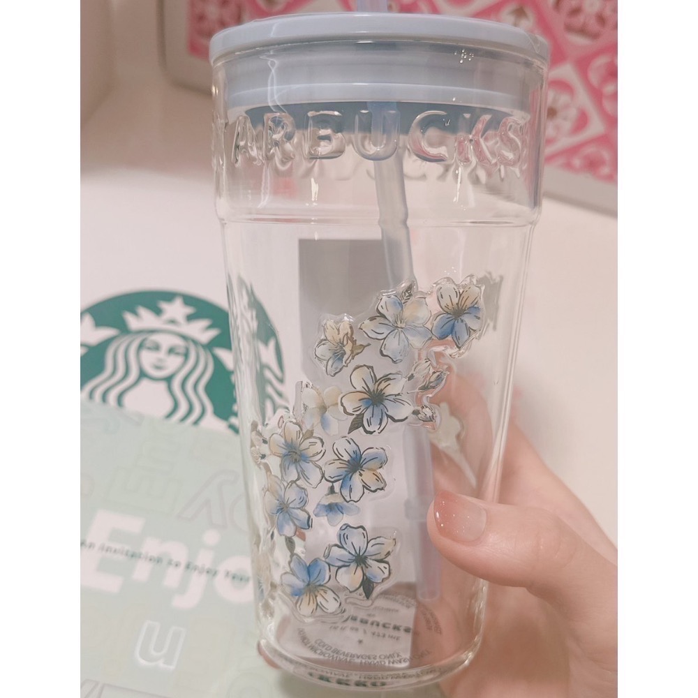 櫻花玻璃吸管杯藍