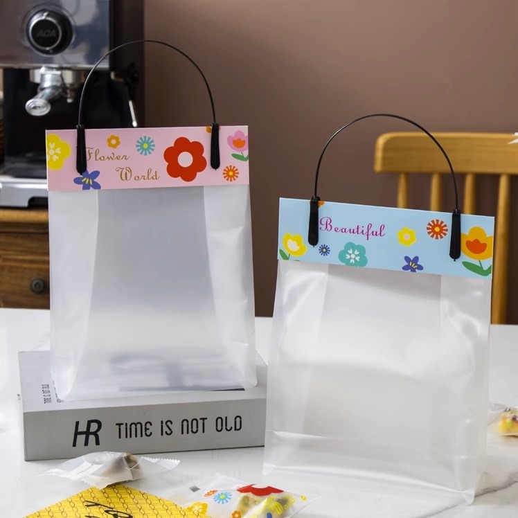 ▪5入▪可愛花朵牛軋糖磨砂手提袋/創意雪花酥牛軋餅乾手提袋子/半透明糖果手提禮品袋-細節圖2