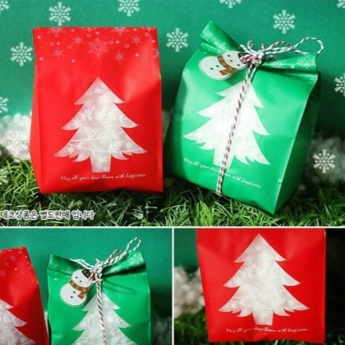 紅&amp;綠雪花聖誕樹平口餅乾袋/可立式曲奇點心袋/蘋果牛軋糖糖果蛋糕包裝袋