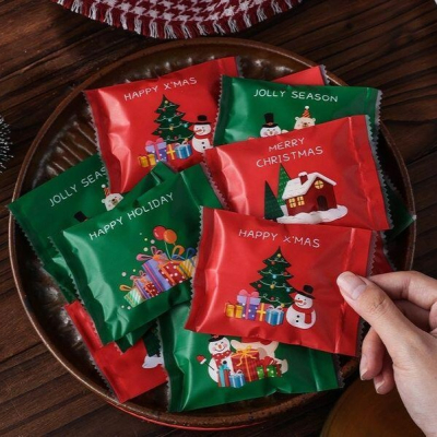 ▪ 7*10cm▪聖誕禮物四款合一機封袋(約100只混入)/牛軋糖方塊酥曲奇餅點心袋/巧克力雪花酥鳳梨酥餅乾袋
