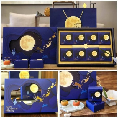 原創藍色追月冰皮蛋黃酥禮品包裝盒套組(含提袋)/中秋月餅手提禮盒/食品包裝紙盒