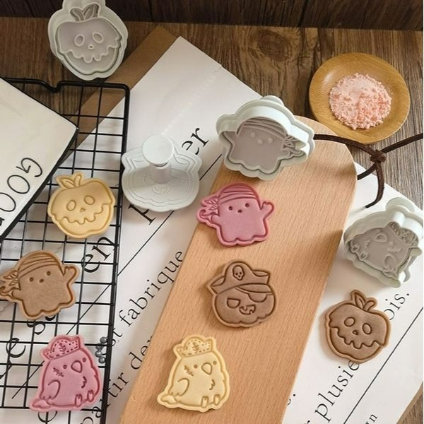 ◎4件組◎日本CA超萌卡通萬聖節餅乾模具/按壓式餅乾模具套裝/海盜船長小骷髏彈簧按壓餅乾模/3D造型塑料餅乾壓印切模-細節圖4