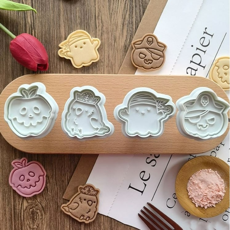 ◎4件組◎日本CA超萌卡通萬聖節餅乾模具/按壓式餅乾模具套裝/海盜船長小骷髏彈簧按壓餅乾模/3D造型塑料餅乾壓印切模-細節圖5
