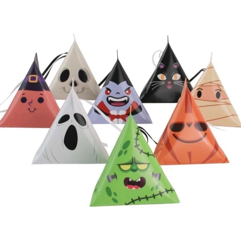 ◎混裝8入◎萬聖節手拎糖果三角盒/糖果包裝盒/禮品盒子/手拎粽子三角盒/幽靈搞怪表情包裝紙盒-細節圖3
