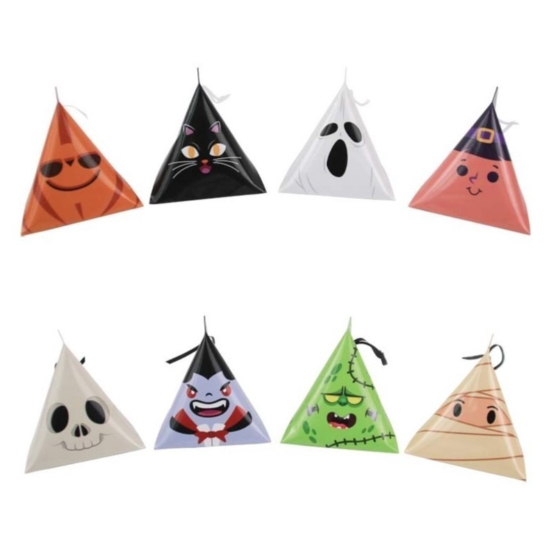 ◎混裝8入◎萬聖節手拎糖果三角盒/糖果包裝盒/禮品盒子/手拎粽子三角盒/幽靈搞怪表情包裝紙盒-細節圖4