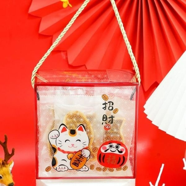 ▪5入▪招財貓新年PET手提盒/禮品盒/透明覆膜新年糖果包裝盒/牛軋糖餅乾盒/雪花酥包裝盒-細節圖2