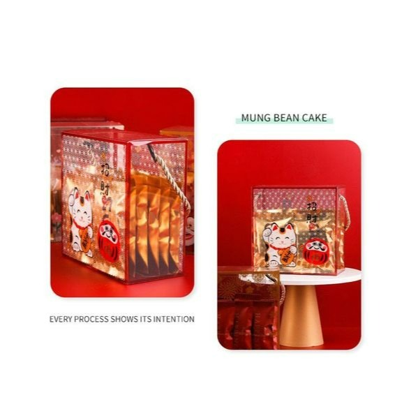 ▪5入▪招財貓新年PET手提盒/禮品盒/透明覆膜新年糖果包裝盒/牛軋糖餅乾盒/雪花酥包裝盒-細節圖3