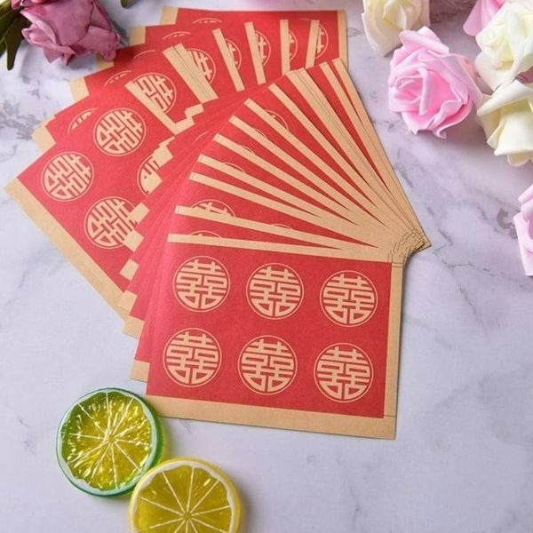 ▪5張入/共30枚▪婚慶裝飾喜字牛皮紙不乾膠封口貼紙/雞蛋喜糖封口貼紙/餅乾袋餅乾盒不乾膠封口貼-細節圖3